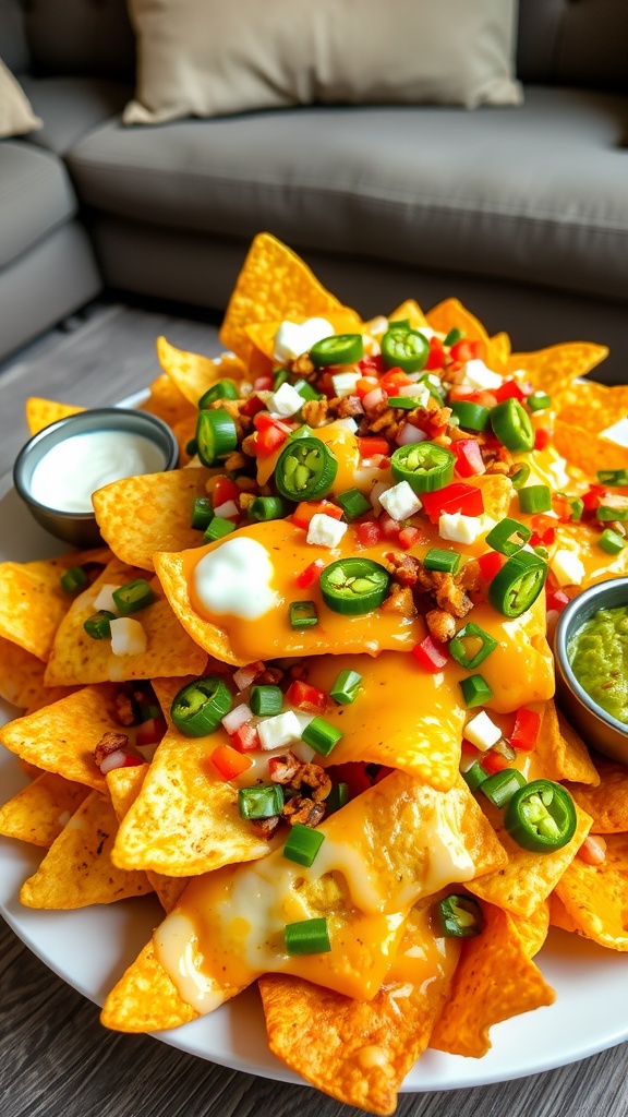 Crispy nachos topped with melted cheese, jalapeños, and garnished with green onions, served with sour cream and guacamole.